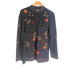 Coldwater Creek Black Knit Floral Embroidered Cardigan Sweater size PM